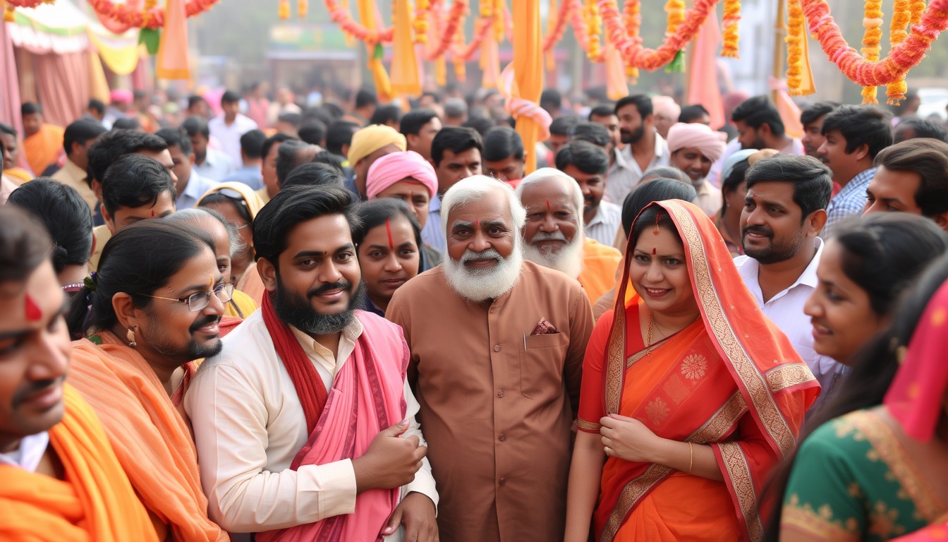 A community event where people from various castes and religions are gathered, celebrating together with smiles and harmony. Traditional attire and soft, light-colored decorations are prominent, reflecting India's cultural richness.