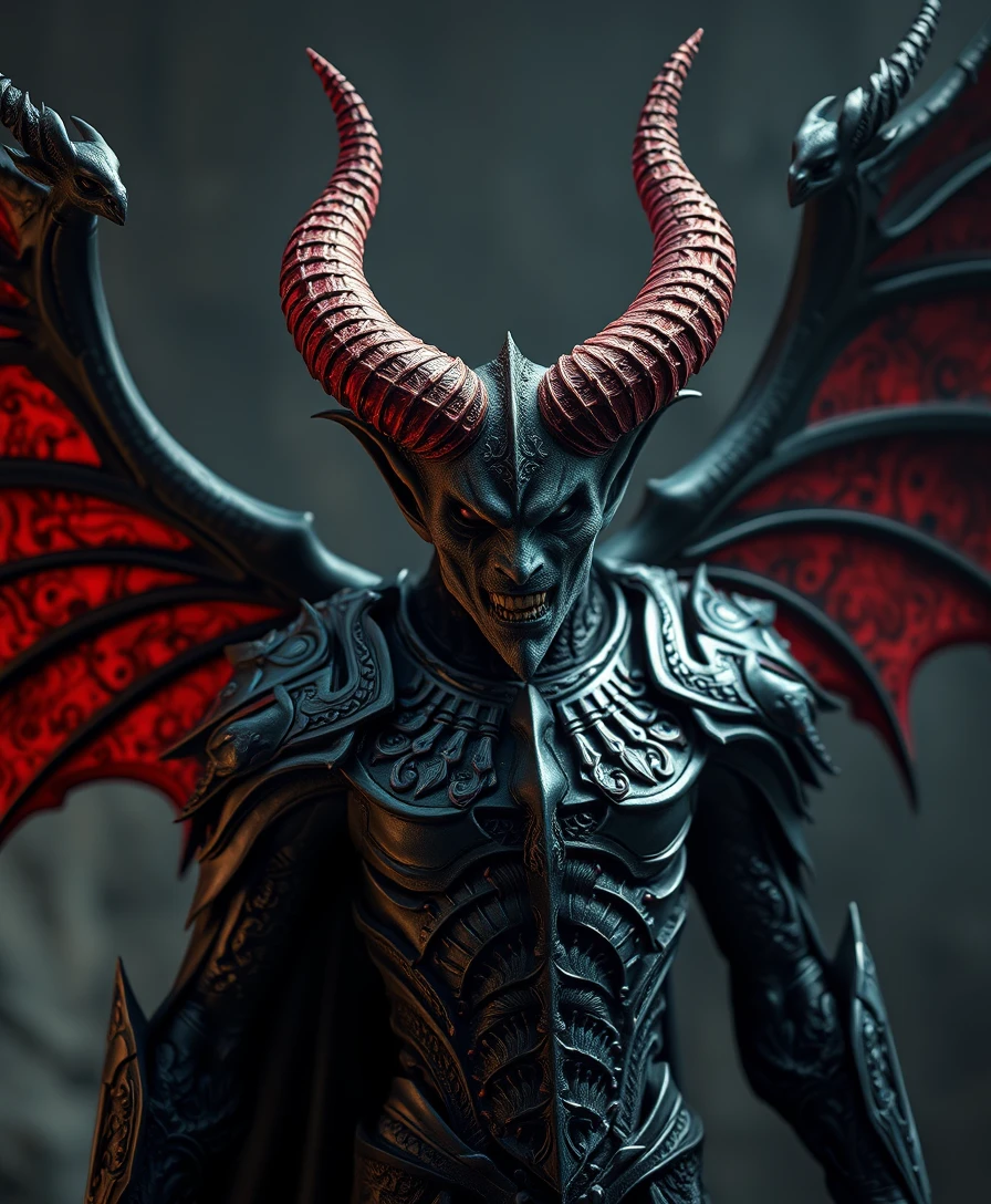 A photo of an 8k ultra-realistic scary demon with 6 wings, full body, intricate black and red ornate armor, cinematic lighting, 4k, hyper-realistic, focused, high details, cinematic exquisite details and textures, sharp focus, high resolution, detailed eyes, 8k UHD, Nikon D850, high quality, film grain, hyper-realistic skin (detailed skin:1.3). - Image