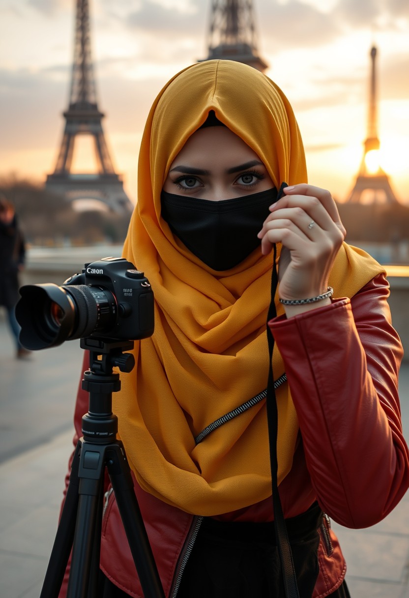 Biggest hijab yellow Muslim girl, beautiful eyes, face mask black, red leather jacket, black biggest skirt, camera DSLR CANON, tripod, taking photos, sunrise, morning scenery, Eiffel Tower, hyper-realistic, street photography. - Image