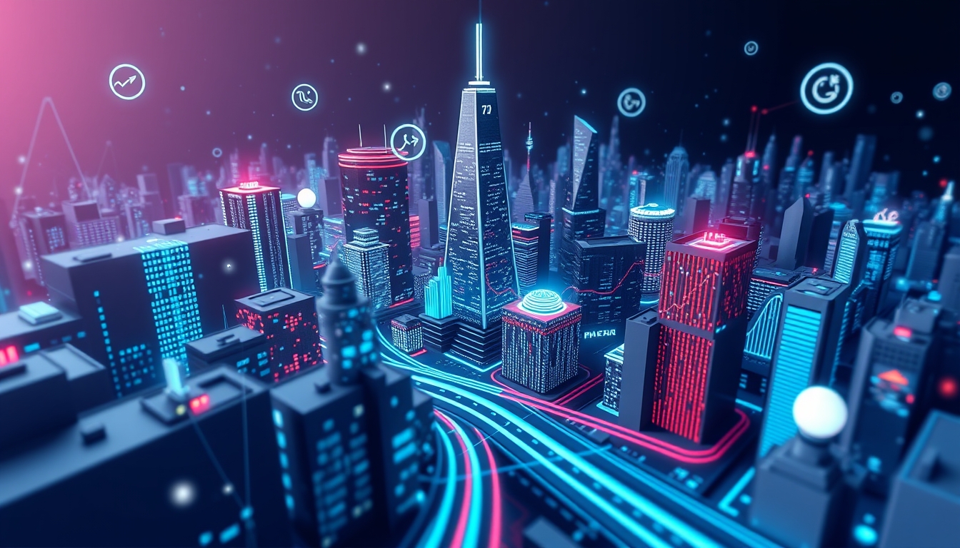 Dynamic Futuristic 3D Cityscape with Business Icons and Graphs in High Contrast. - Image