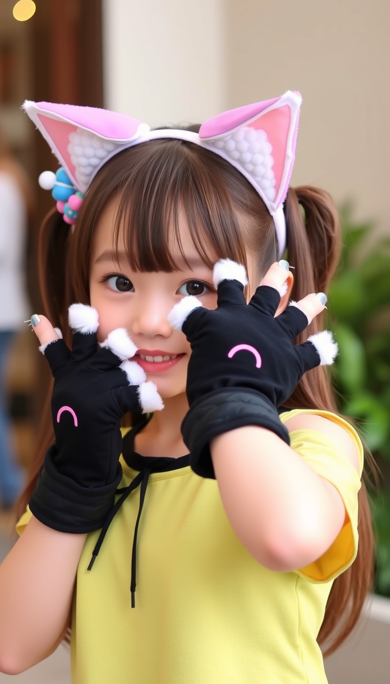 "A cute girl posing with cat ears and paw gloves, making a 'nyan nyan' pose." - Image