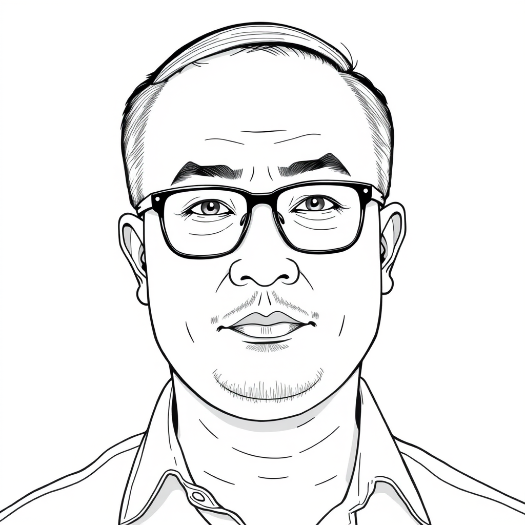 A cool black and white line drawing of a man around 35 years old, with short flat hair, Asian descent, wearing black framed glasses for nearsightedness, a slightly short beard on his chin, a shirt, a full face, clean and fresh skin, and a slightly overweight physique. - Image