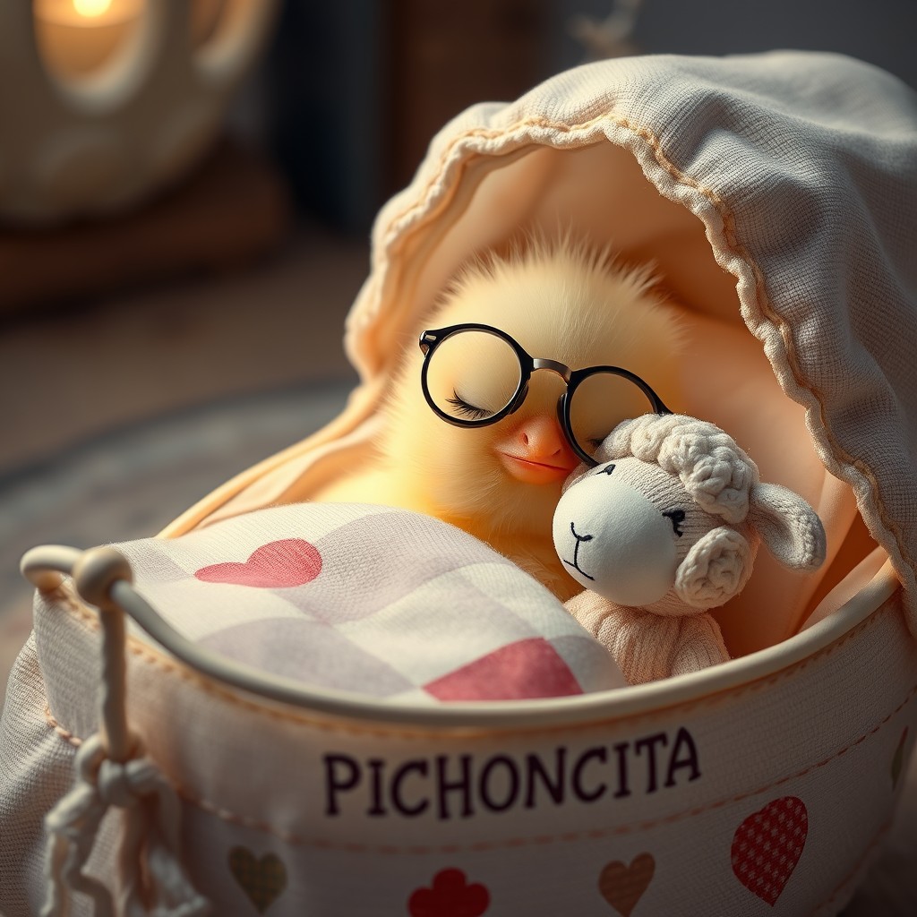 It is nighttime. A sweet little delicate chick, Kawaii with a small rounded beak, is wearing glasses and is sleeping in its precious little bed with tiny jingle bells, featuring childish details with the name PICHONCITA written on it, hugged by a tiny cute stuffed sheep with patchwork blankets.