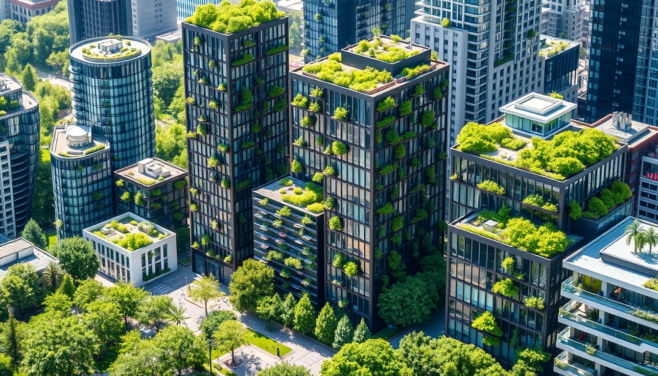 Green financial district with eco-friendly buildings, representing sustainable finance.