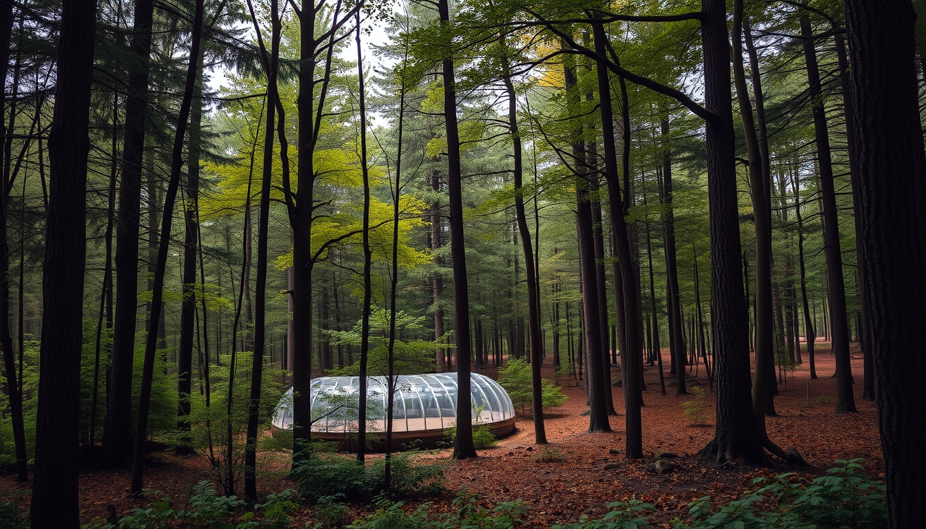 A tranquil forest scene with a hidden glass house blending into the surroundings.