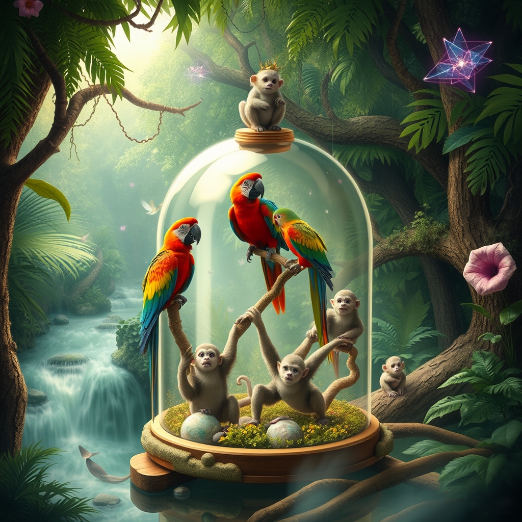 A magical rainforest scene with a glass dome containing parrots and monkeys.