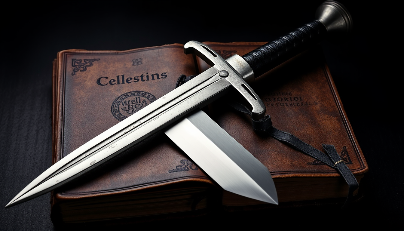 A weathered, leather-bound antique book lies on a dark surface. Resting diagonally across the book is a medieval-style sword, with a polished steel crossguard and a circular pommel, reflecting a faint light. Resting next to the sword is a trowel. The sword's black grip contrasts with the aged texture of the book. The background is dark, emphasizing the timeless and mysterious aura of the scene.