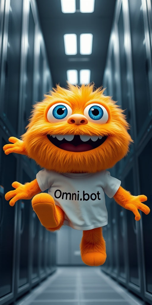 An orange fluffy cute smiling baby monster with oversized blue eyes wearing a white t-shirt branded "Omni.bot" is jumping in a huge datacenter. - Image