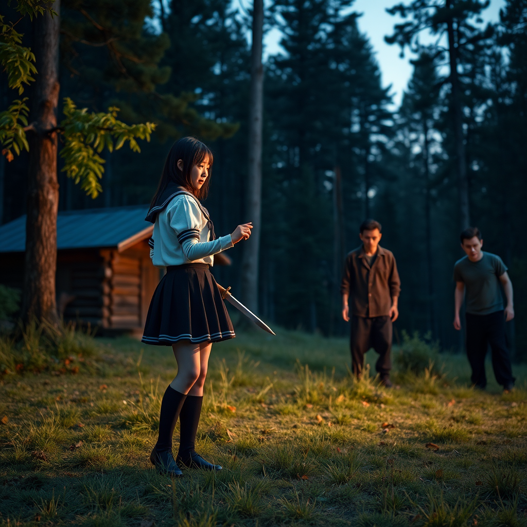 Real-life photography, long shot: In the evening, in the forest, there is a wooden cabin, and not far away, a Japanese female student wearing a school uniform skirt is holding a dagger, looking at two zombies in the distance. The zombies are dressed. - Image