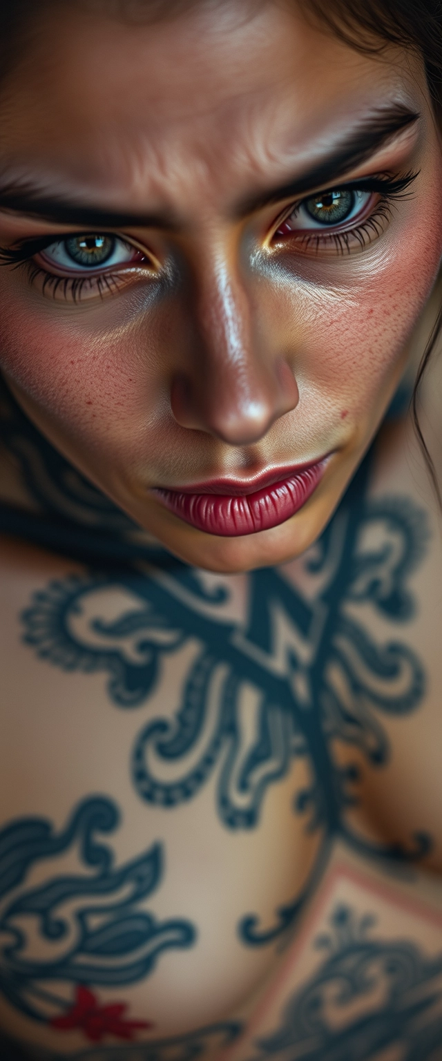 Close-up abs shot of a fair-skinned beautiful Indian-Korean woman with beautiful facial features and gray hypnotizing eyes, having a whole body heavily tattooed and a crying face.