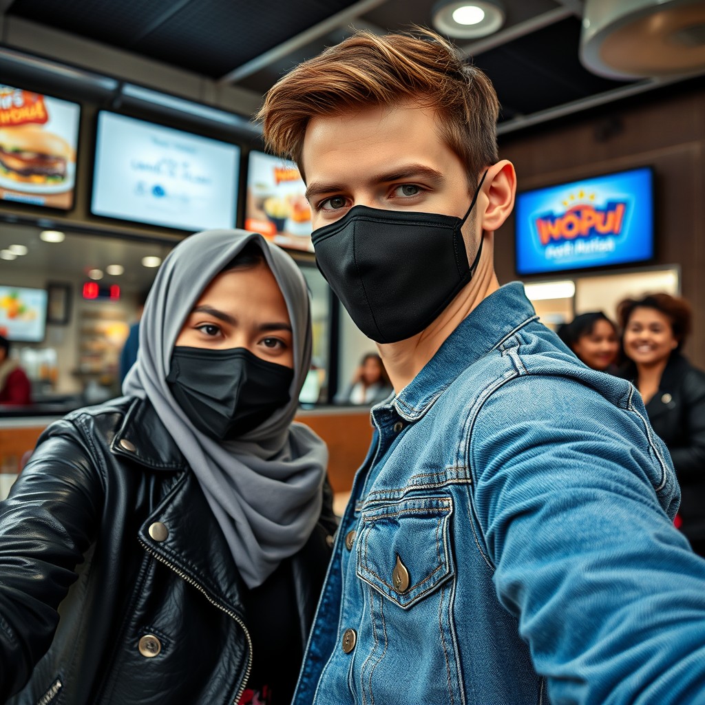 Jamie Dornan's head and body shot, handsome, young, black face mask, blue jeans jacket, jeans, dating a Muslim girl with a grey hijab, beautiful eyes, black face mask, black leather jacket, biggest floral skirt, at a Malaysian fast food restaurant, with three other friends smiling in the background, photorealistic, hyper-realistic, street photography, selfie.