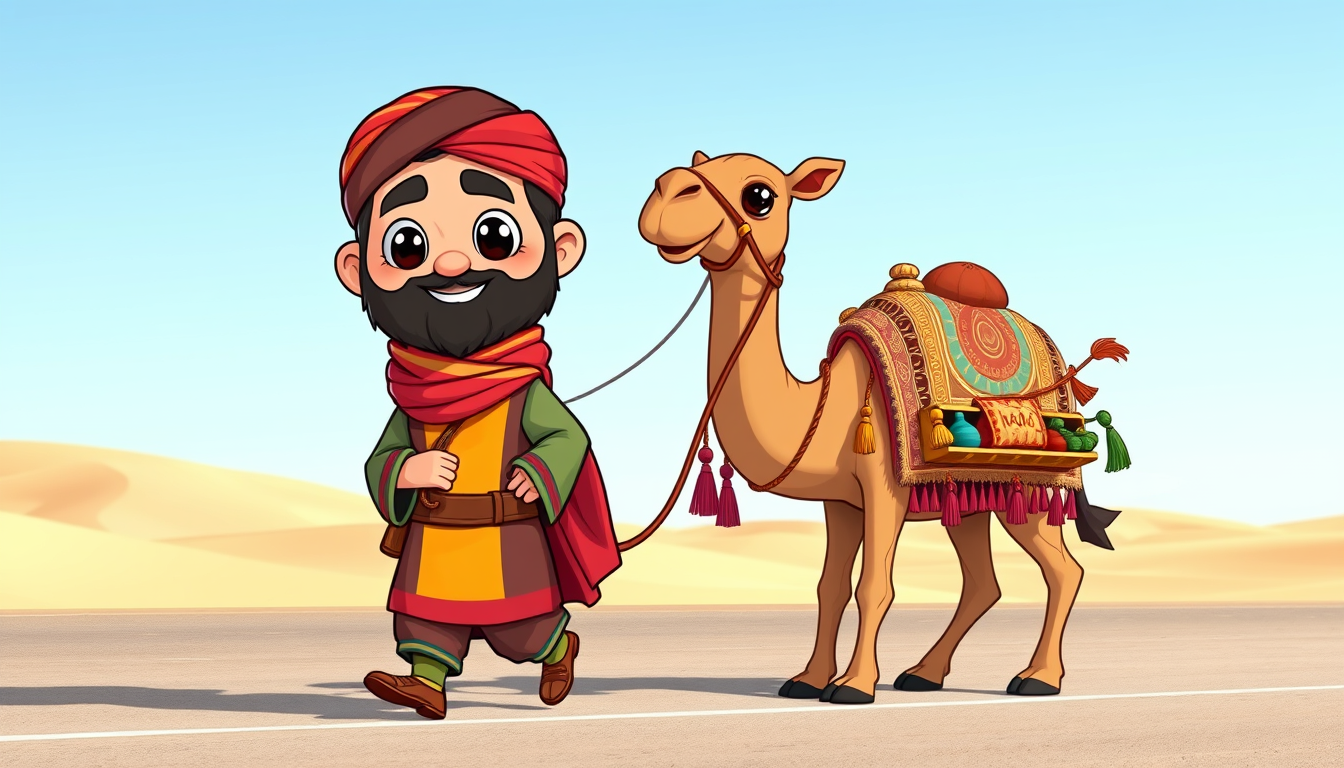 A chibi-style Persian merchant, with a small, round body and large expressive eyes, dressed in colorful traditional robes and a turban. The merchant has a cheerful and determined expression, holding the reins of a cute, similarly Q-version camel. The camel is adorned with colorful blankets, tassels, and small, bulging saddle bags filled with various goods like spices, fabrics, and trinkets. Both the merchant and the camel are walking along a wide desert road, with soft sand dunes and a clear, blue sky in the background. The overall scene is playful and vibrant, with exaggerated proportions and a charming, cartoonish style that emphasizes the Q-version look. The goods on the camel add detail and interest, making the scene lively and full of adventure. - Image