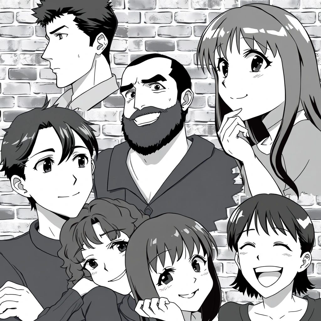 Anime-style black and white collage of five characters. The image features five people in a close-up collage, all in black and white. They are set against a brick wall background. Each person’s expression and position is distinct.

Top Right Corner: A young woman with long hair looking slightly to her left, with a serious and thoughtful expression. Her face is partially cut off on the left edge of the image.

Left Side: A man with short hair, looking to his right with a calm and somewhat neutral expression. His profile is prominent in the image.

Top Center: A bearded man with short hair, smiling gently as he looks to his right. His expression is friendly and he seems to be observing something or someone.

Bottom Left Corner: A woman with curly hair, resting her head on her hand and smiling slightly. She is looking up and to her right, as if engaged in a pleasant thought or conversation.

Bottom Right Corner: Another young woman, smiling broadly and looking to her left. Her eyes are wide open, and her expression is cheerful and full of laughter. Each person is wearing dark clothing, and the image is composed in a way that their faces are the main focus, with close-up shots capturing their expressions vividly. - Image