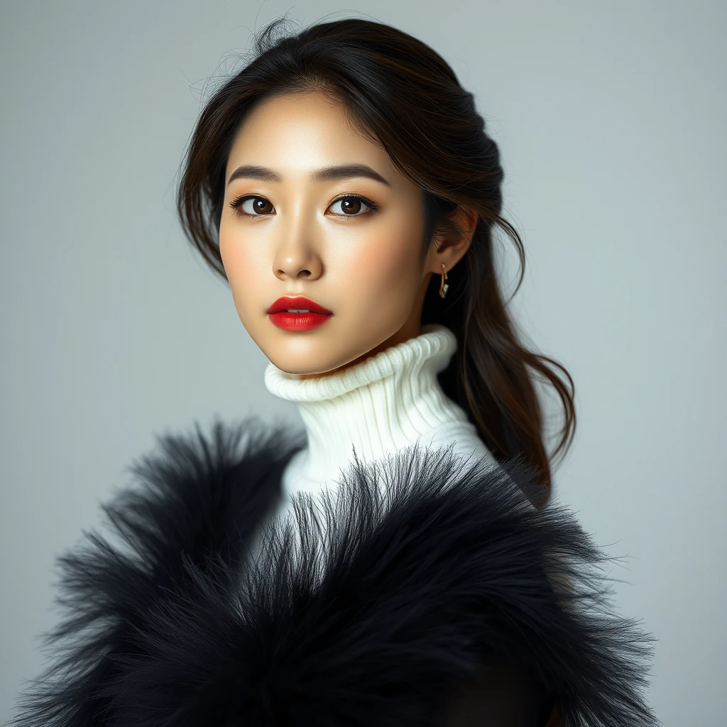 Graceful Korean model, exuding charm and poise, captured in a high-fashion photography setting that harmoniously combines artistic elements with a touch of allure. The image highlights a refined presentation of elegance, featuring high-definition textures and meticulous lighting, showcased in an elegant aspect ratio, full-body, snow white.