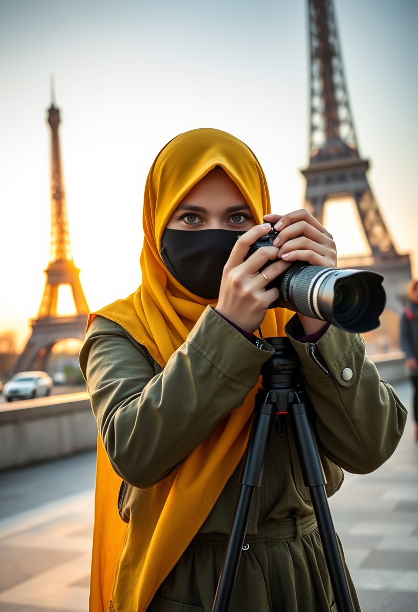 Biggest hijab yellow Muslim girl, beautiful eyes, face mask black, green army leather jacket, biggest skirt, camera dslr canon, tripod, taking photos of Eiffel Tower, sunrise, morning scenery, hyper-realistic, street photography.