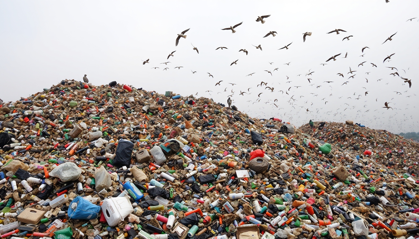 Choked landfill with towering piles of plastic waste and scavenging birds in a polluted sky.