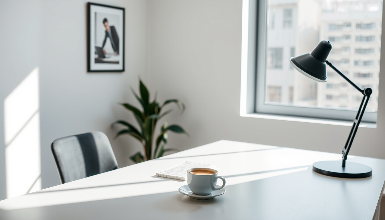 A sleek, modern home office setup bathed in natural light, with a single potted plant and a cup of coffee on the desk, emphasizing simplicity and productivity.