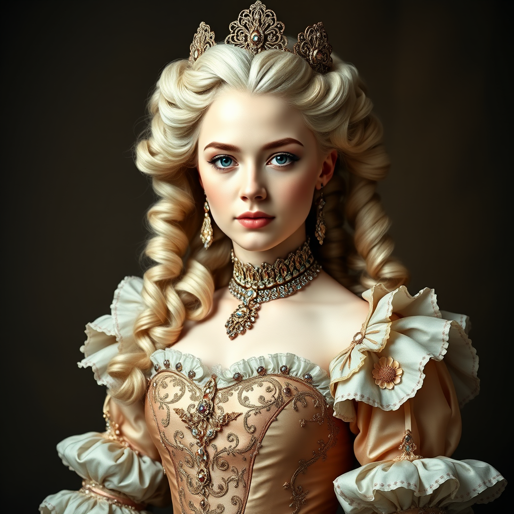 "Rococo Daenerys as Marie Antoinette", elaborate gown, rococo hair, head and shoulders portrait - Image