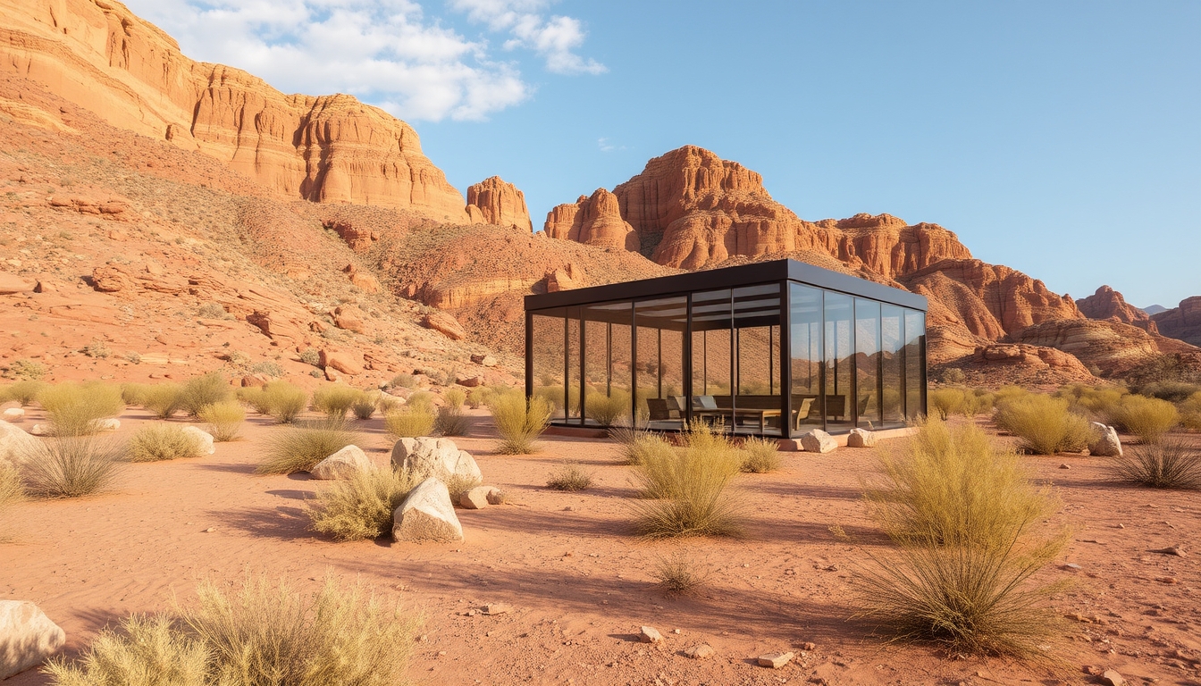 A dramatic desert landscape with a glass pavilion offering shade and shelter. - Image