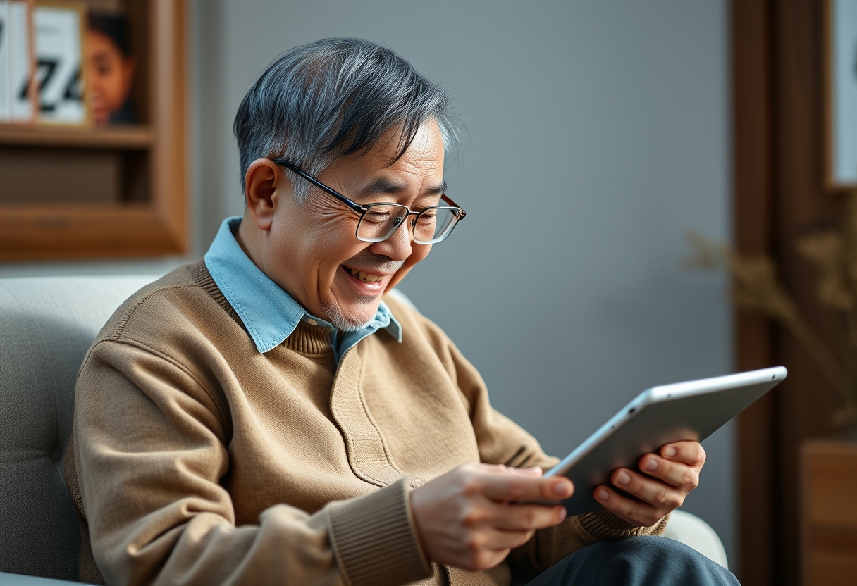 Korean grandfather, smiling, using AI economy service through iPad. - Image