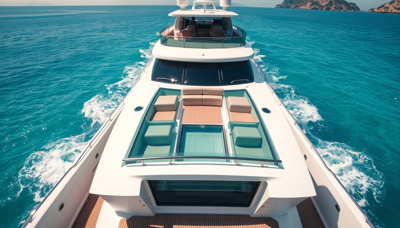 A luxurious yacht with a glass deck, cruising through crystal-clear waters. - Image