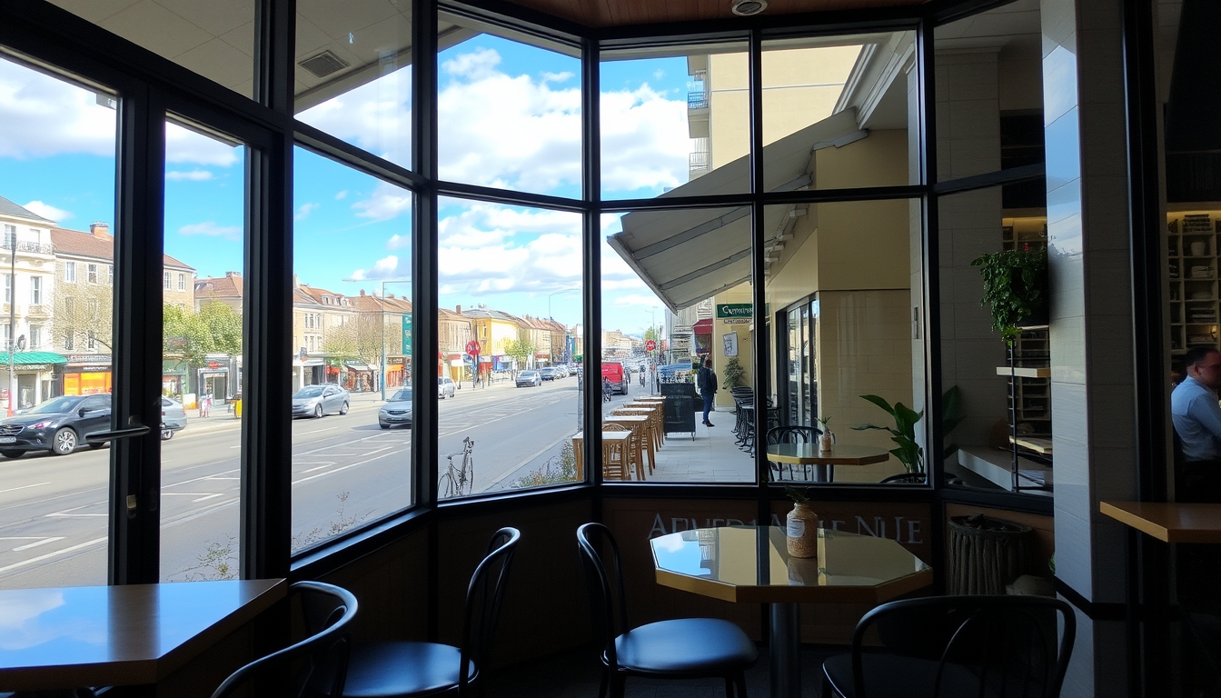 A cozy café with glass walls, offering a panoramic view of a bustling street.