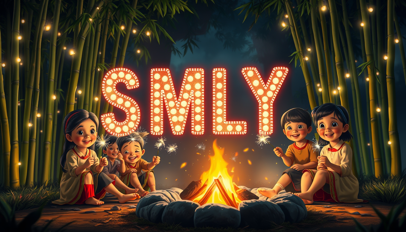 A digital painting of a group of Vietnamese children in traditional clothing sitting around a campfire at night. The children are holding sparklers and smiling. The background is a bamboo forest with lights hanging from the trees. The letters "SMLYT" are prominently displayed and illuminated in the center, like a movie screen.