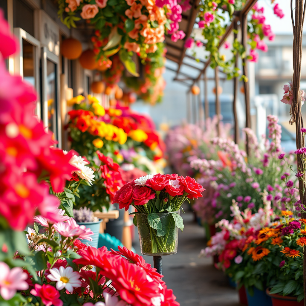 ((best quality)),((masterpiece)),(high quality:1.1),(photography:1.1),(wallpaper:1.1),full_detail,4k,HDR,1girl,beautiful,full body,outdoors,flowering shrubs,flower shop - Image