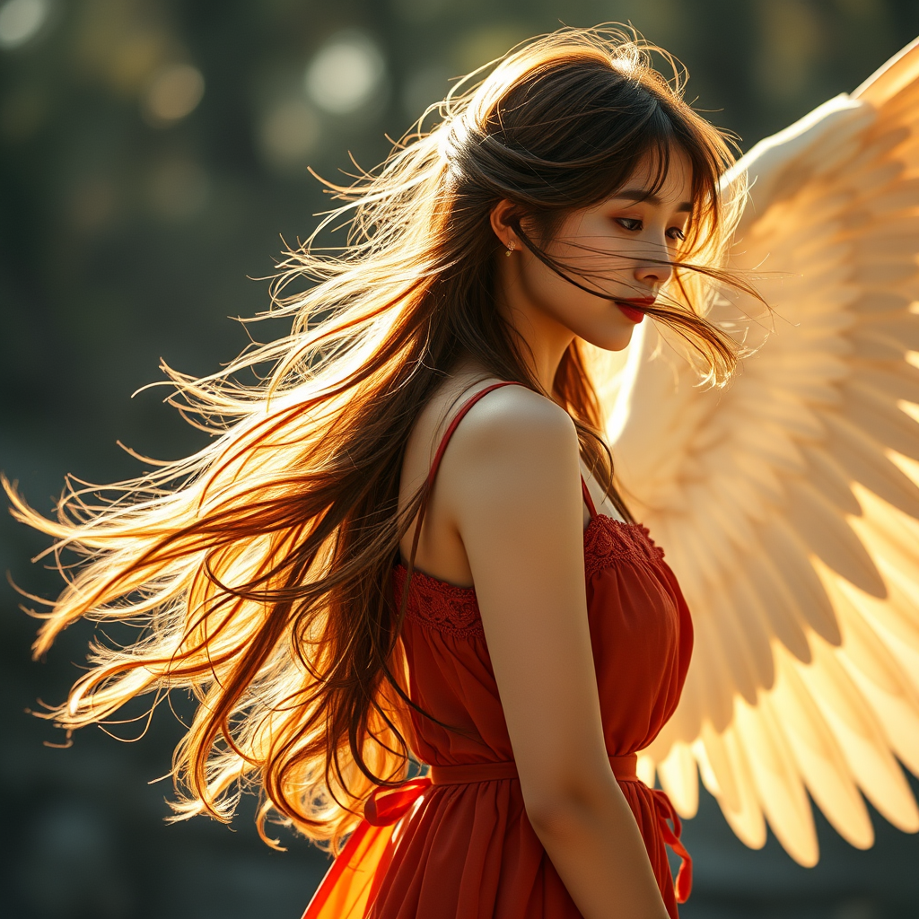 30's Korean idol girl angel, long wind-swept hair, large wings spread on the back, full body, side view, side lighting, bokeh background, super realistic, film look.