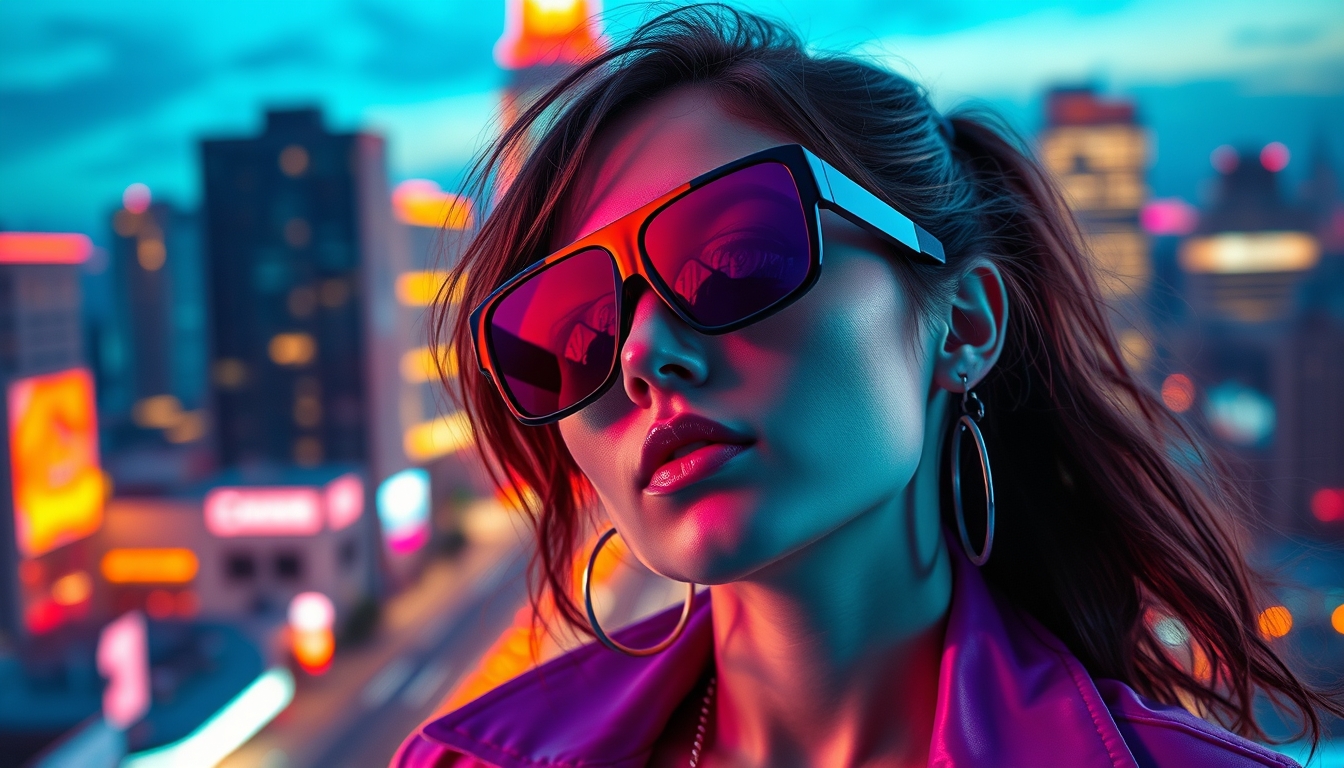 A stylized portrait of a young woman in 80s-inspired fashion, neon lights reflecting off her sunglasses, with a vibrant cityscape in the background. - Image