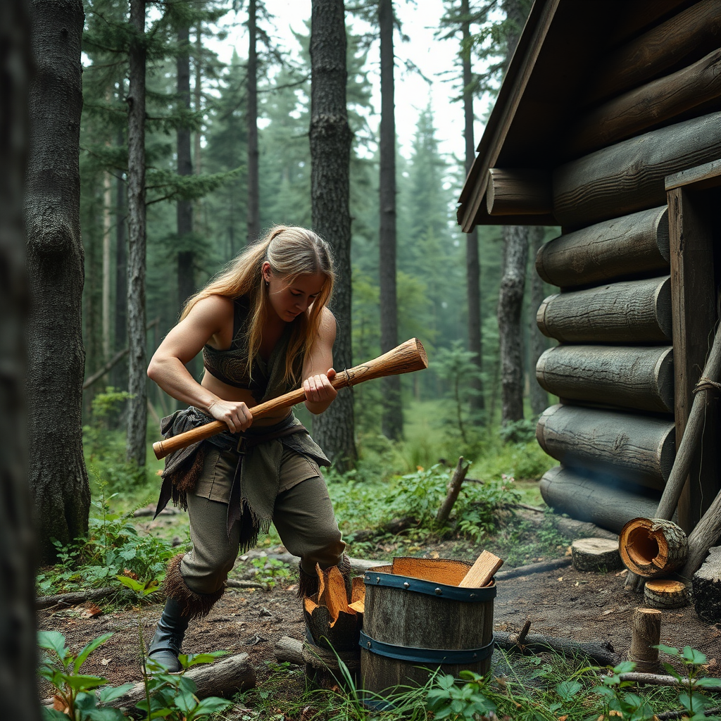 Real-life photography: In the forest, a female barbarian is chopping wood next to a wooden cabin.