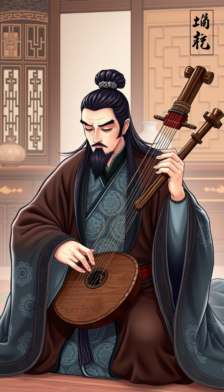 In ancient times, a skilled musician named Gong Mingyi, wearing traditional Chinese robes with intricate patterns, is seen playing a beautiful melody on his qin at home. His expression is focused and serene, with long flowing hair tied up in a traditional bun. The background includes elegant furnishings and decorations typical of an ancient Chinese home. (illustration style, traditional Chinese art)