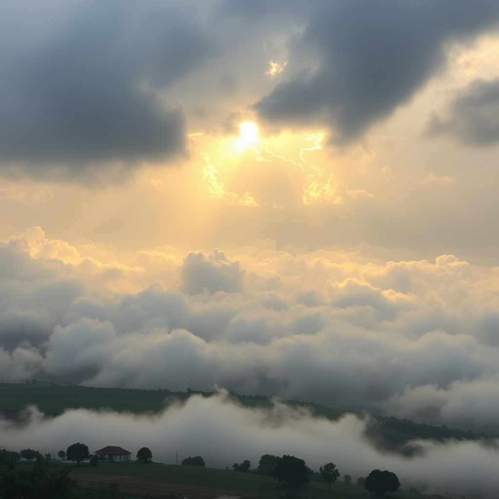 Peaceful rain storm in heaven and countryside in the sky surrounded by pillowy soft clouds, with ambient golden light and everything has subtle clouds integrated into its structure.