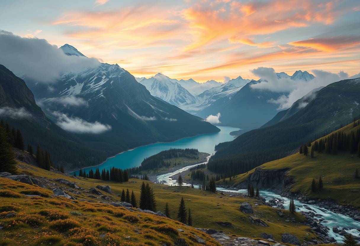 Majestic, snow-capped mountains, serene, high quality, photorealistic, alpine meadows, crystal-clear lakes, untouched wilderness, panoramic, breathtaking, nature's beauty, vibrant::2 flowing rivers, cascading waterfalls, misty, foggy, dramatic, sunrise, sunset. - Image