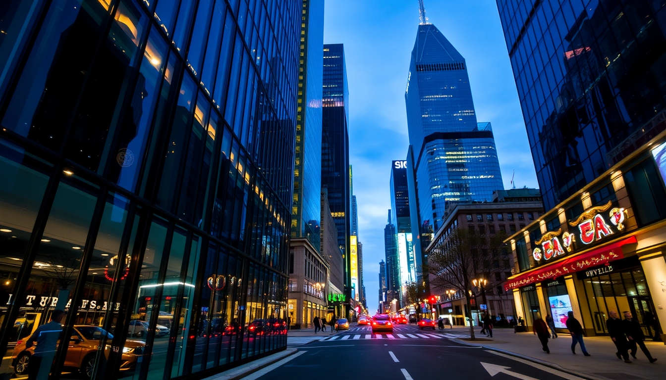 A vibrant city street at night, with reflections in the glass windows of skyscrapers.