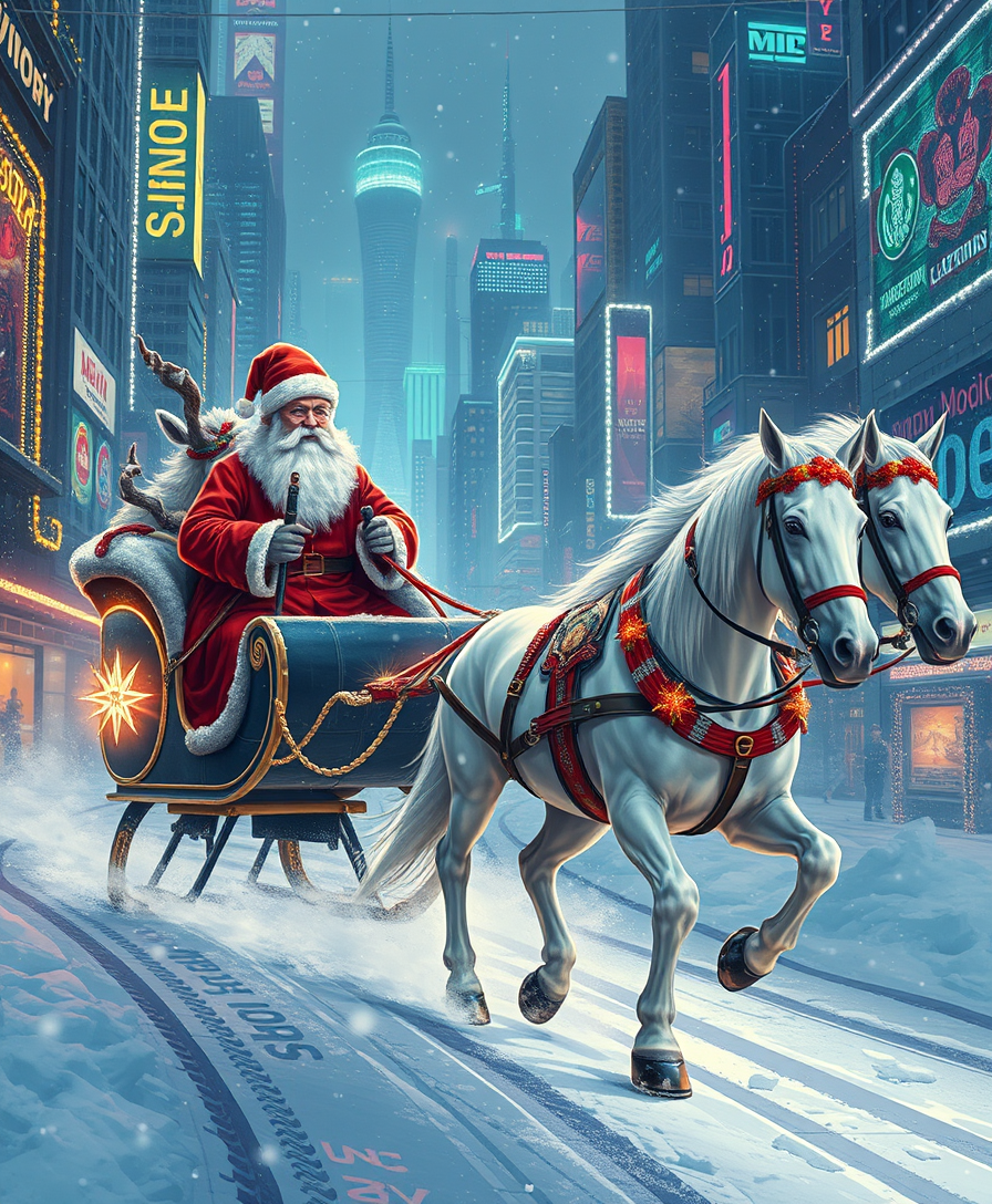 Russian Snow Grandfather rides a festive sleigh, pulled by three white horses through a futuristic cyberpunk city decorated with Christmas lights, art by Vladimir Zarubin. - Image