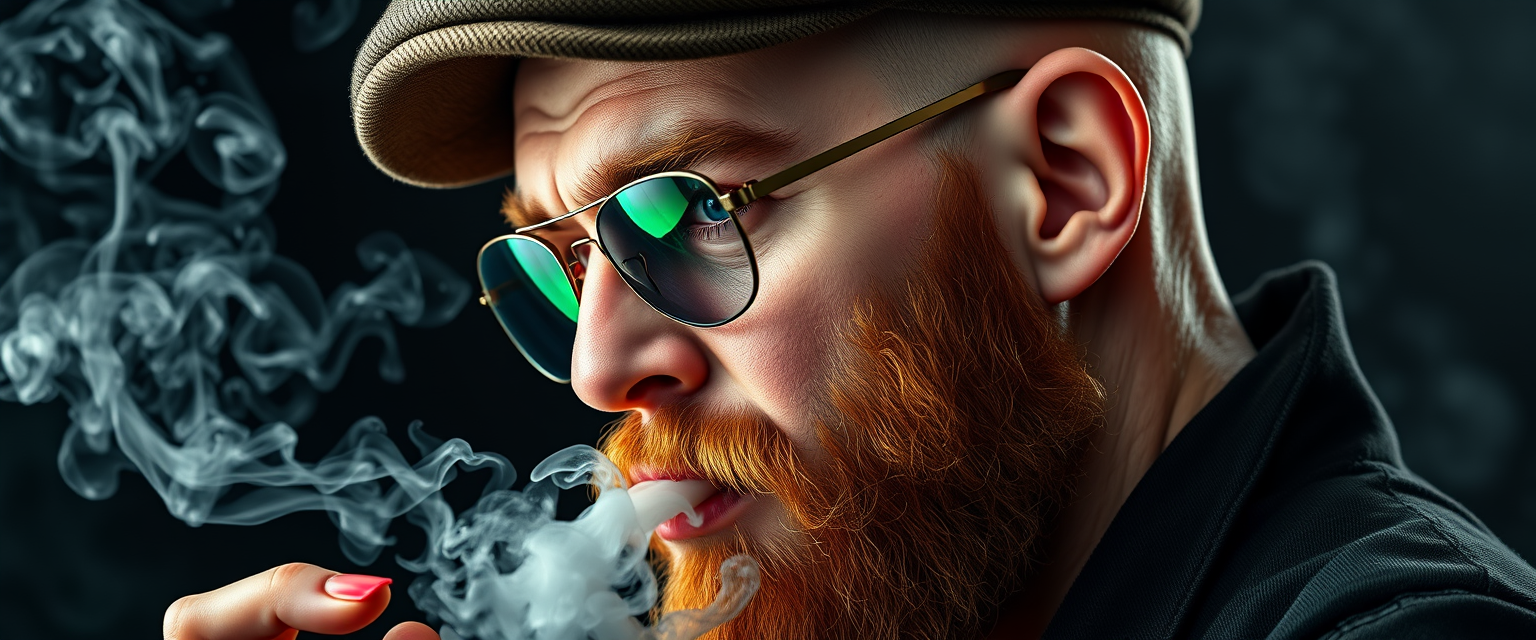 Three-quarter view of a sinister, bald human male with demonic features. Short ginger beard contrasts with dark eyebrows. Wears a weathered flatcap and reflective aviator glasses. Clutches a sleek vapemod, exhaling dense, swirling vapor clouds. Vibrant, e-liquid drips off his pale skin, creating a colorful aura. Hyper-realistic, high detailed.