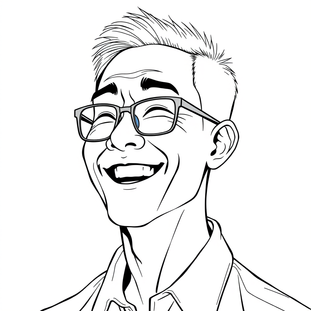 "A cool black and white line drawing of a 35-year-old man’s head, with short hair, Asian features, wearing black-framed reading glasses, a bit of facial hair, in a shirt, a round face with defined lines, a strong physique, clean and fresh skin, joyfully laughing heartily after winning." - Image