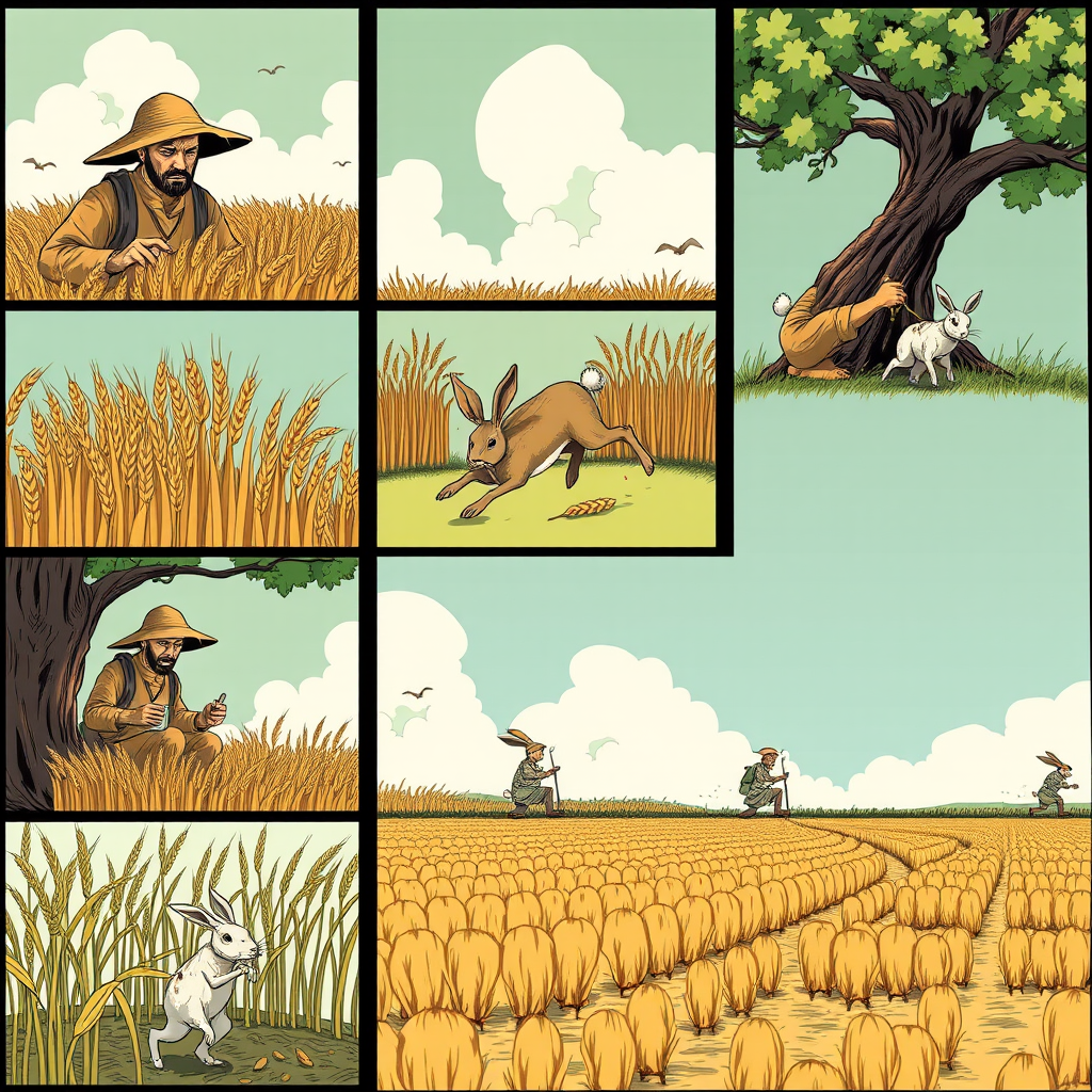 The image style is "cyberpunk," featuring an ancient farmer in a nine cell. 
The characters in each scene will all use the same farmer, ensuring that the face shape and clothing remain consistent throughout. 
Cell one is The farmer is harvesting wheat. 
Cell two is The farmer is sitting under a tree, and a rabbit is rushing. 
Cell three is The rabbit is dead on the ground. 
Cell four is The farmer is running and the rabbit is in his hand. 
Cell five is The farmer sighs while sitting under the tree. 
Cell six is The farmer is eating. 
Cell seven is The crops have withered. 
Cell eight is The farmer is planting seeds in the field. 
Cell nine is Everything is gone.