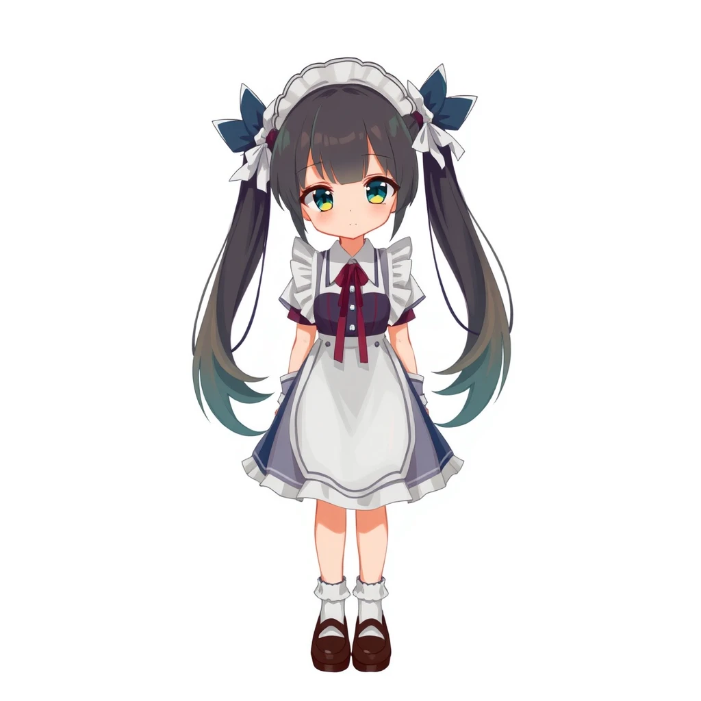 Character design illustration, twin-tailed girl, maid outfit, white background, full-body, standing, oil painting style. - Image