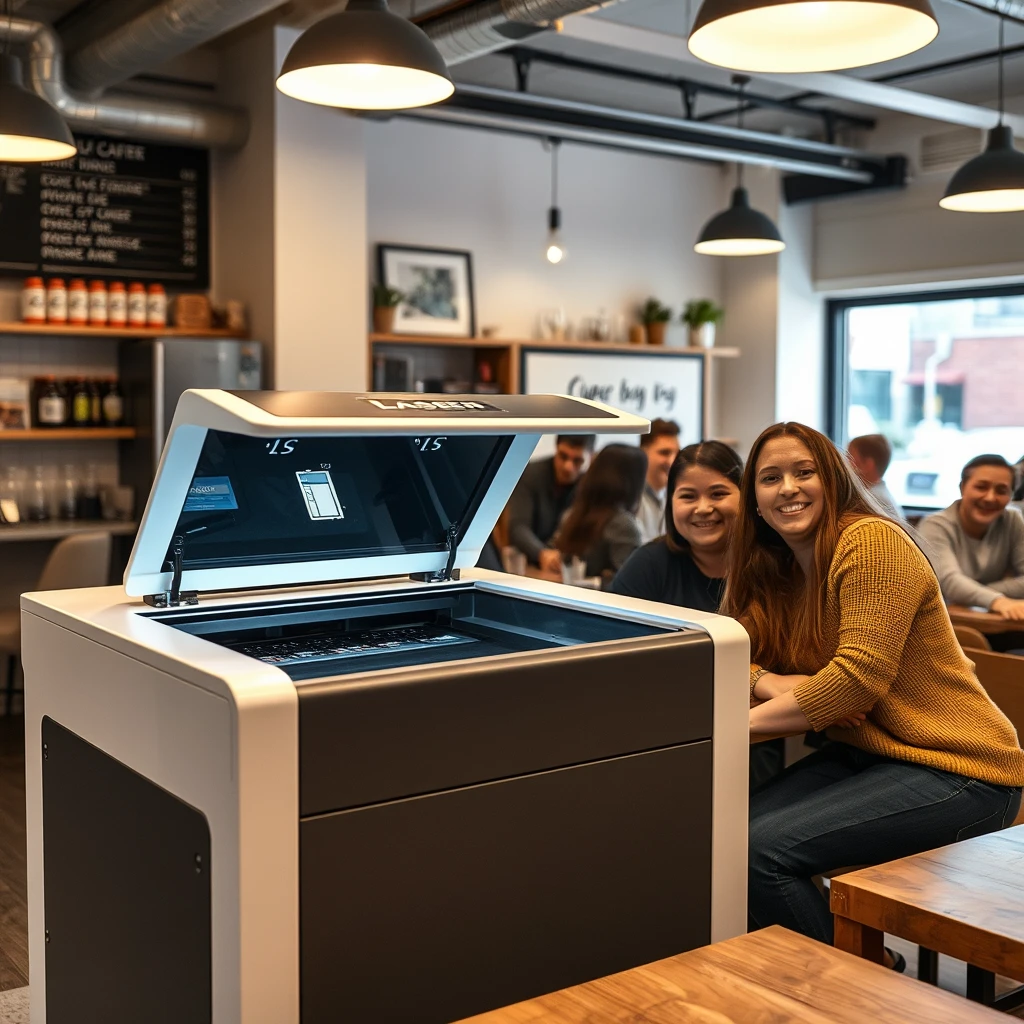 Laser marking machine in cafe with smiling people.