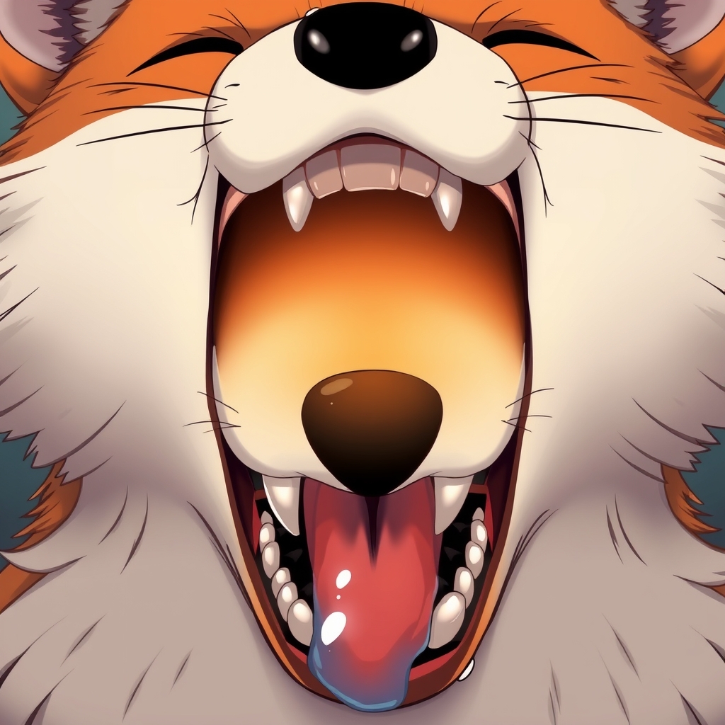 Anime art style, anthropomorphized fox, draw the details of the fox’s mouth, throat details, the throat should be bright, details of the teeth, details of saliva, the entire mouth is filled with it.