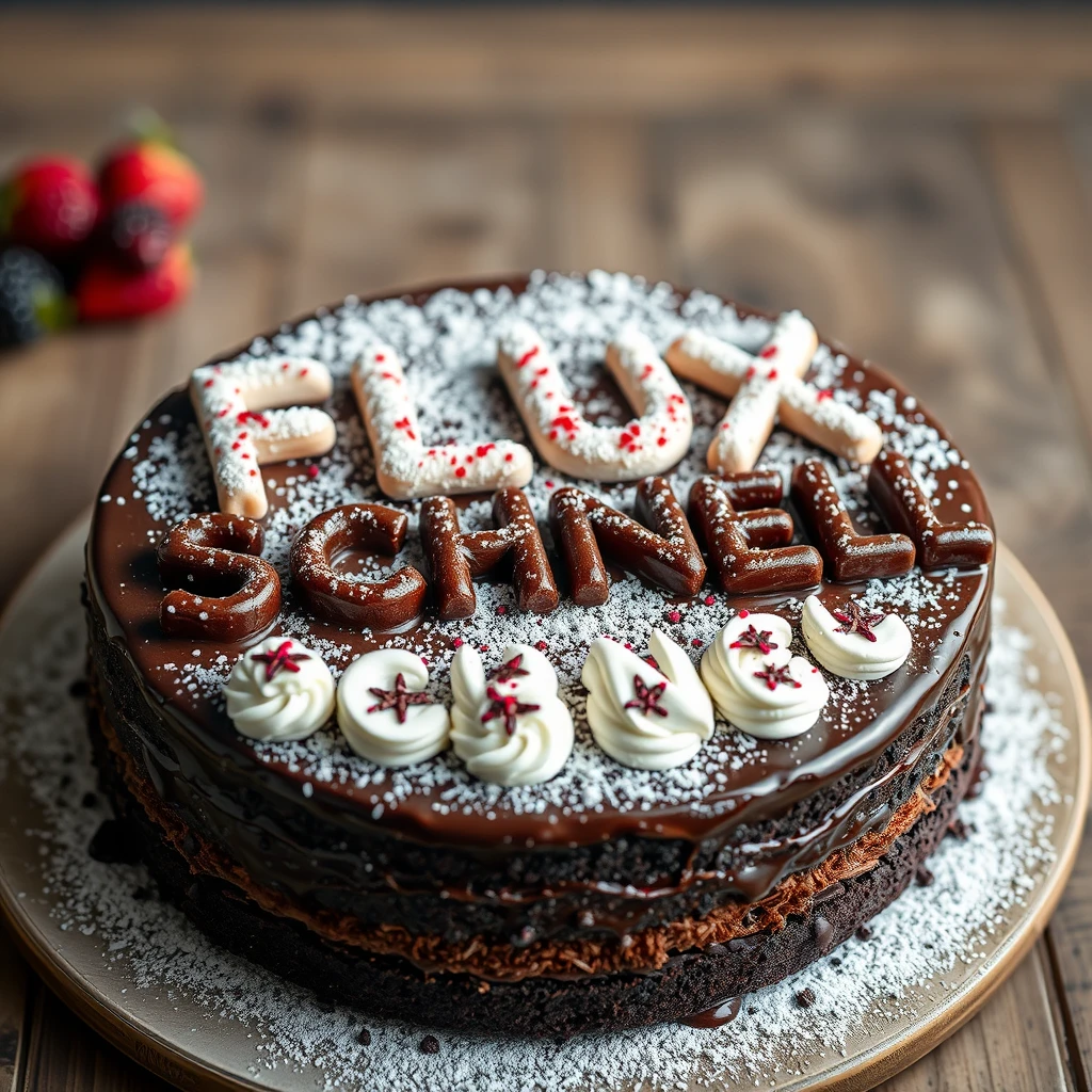 Black Forest gateau cake spelling out the words “FLUX SCHNELL”, tasty, food photography, dynamic shot.