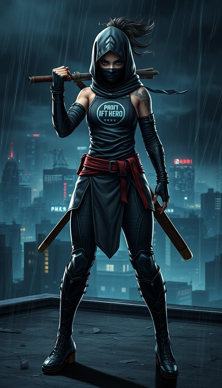 Digital artwork, concept art, a female ninja with the Prompt Hero logo on her chest, standing on a rooftop with a dark dystopian city in the background, dynamic pose, fierce, comic style, extremely intricate, extremely detailed, ominous lighting, dramatic lighting, dark stormy night, shot with Hasselblad, long exposure.