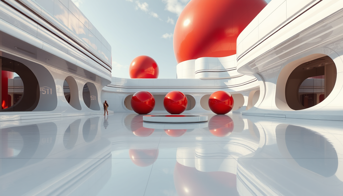 An eye-level, wide-angle shot of a fantasy, futuristic, and alien architectural square that features horizontally and vertically curved structures covered in white metallic reflective material. In the background, there are a few spherical red objects with reflective, metallic surface that resemble large, smooth capsules. These objects are positioned on a sleek, ultra white shiny floor that reflects their surfaces. The focus is the sleek horizontally and vertically curved architecture covered in white metallic reflective material and a water feature. The mood is serene and cool, bursting with futuristic creativity.