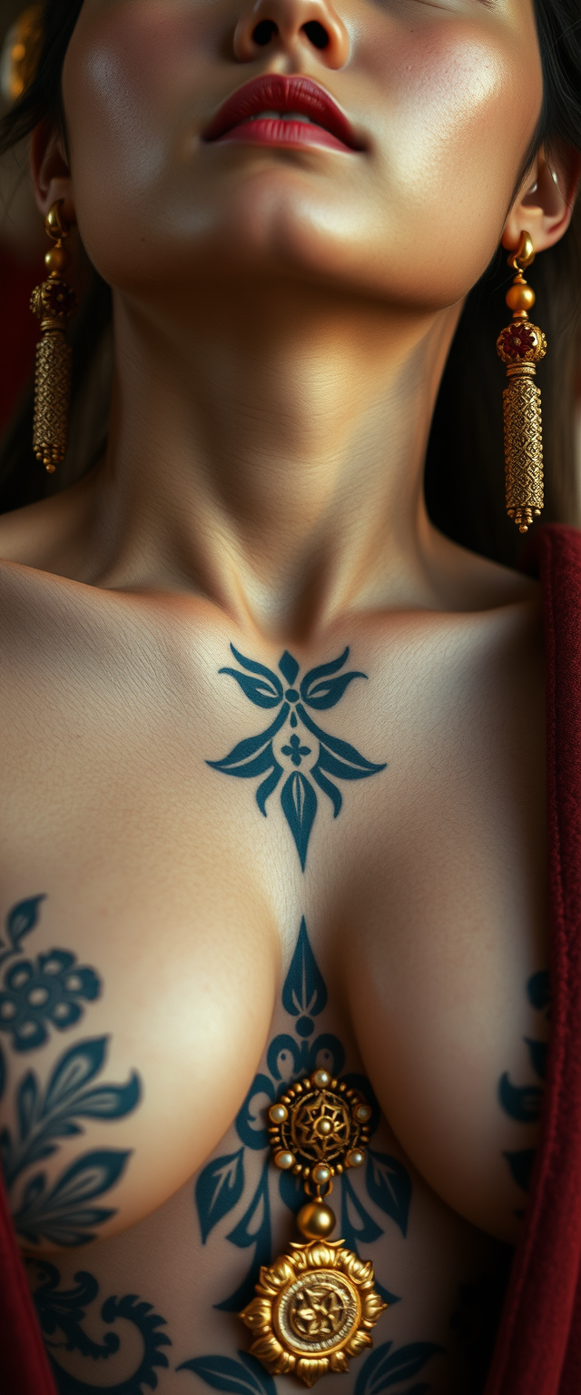 Close-up view of the tattooed chest of a Korean Indian woman with white skin and beautiful facial features, blue eyes, wearing gold ornaments, looking up. - Image