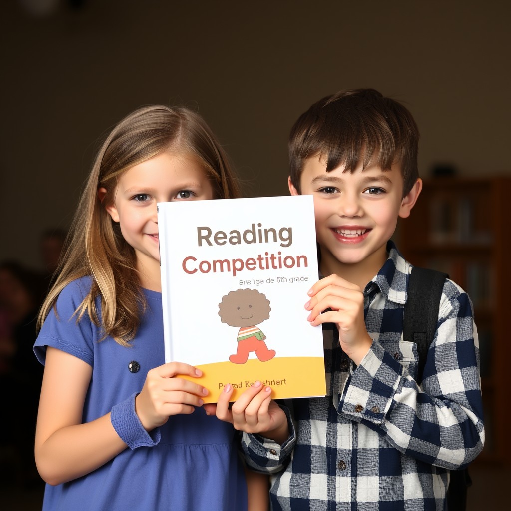 "Create a photo showing a German girl and a boy from the 6th grade proudly presenting a book titled 'Reading Competition'." - Image