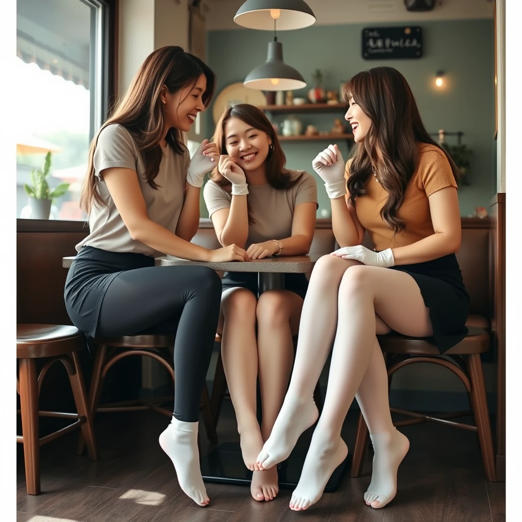 Three women wearing leggings and white and black stockings are facing each other, laughing and touching their feet while showing their tiptoes, and they are wearing thin gloves. They are touching their lips and are in a cozy cafe in the hot summer, in a real photo style with an Asian aesthetic.