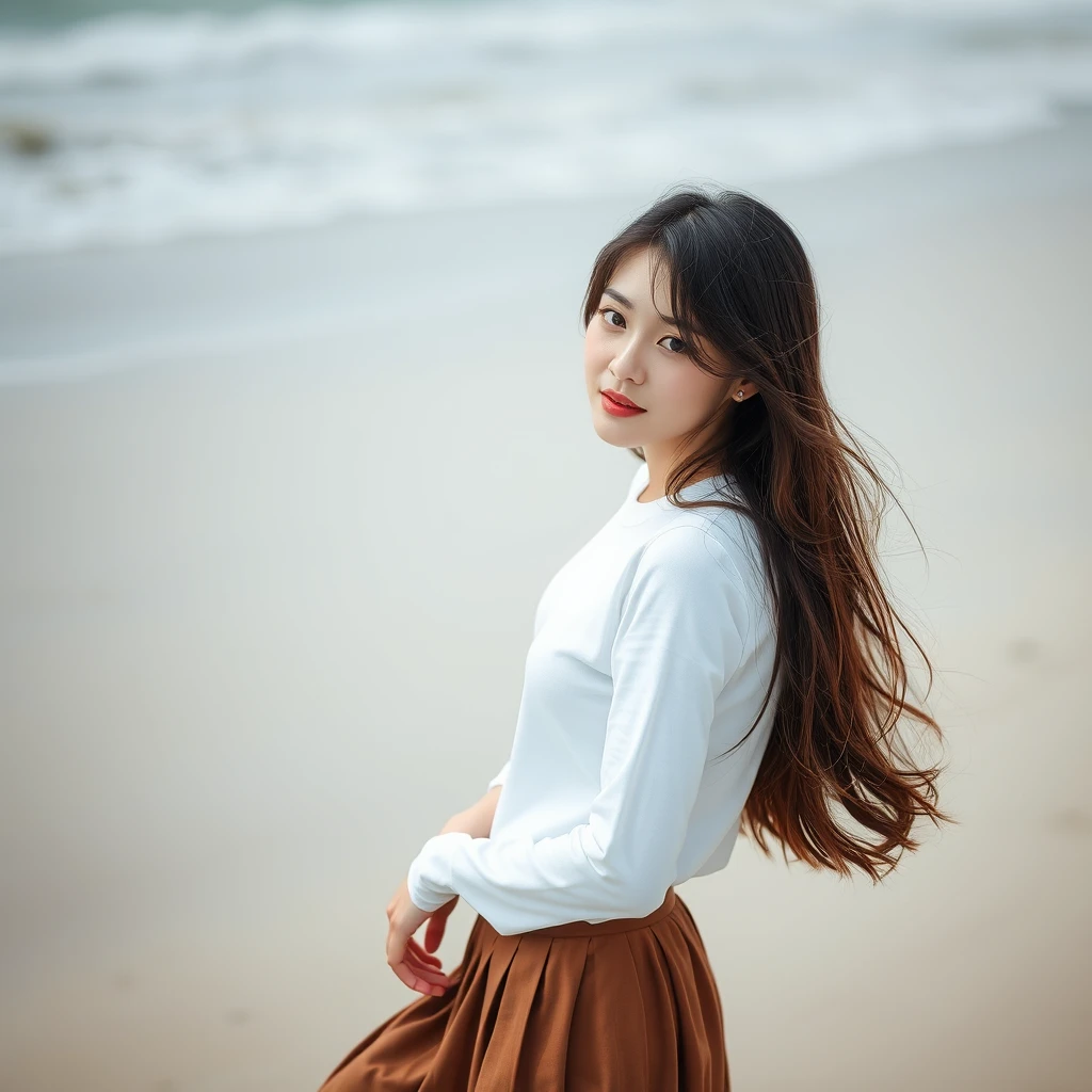 Beautiful Korean girl, clean, 20 years old, she is looking forward, full body shot, wearing a skirt, drone shot, beach, mysterious, beautiful, Korean, KPOP, mysterious, high definition, cool, atmosphere, bright, daytime. - Image