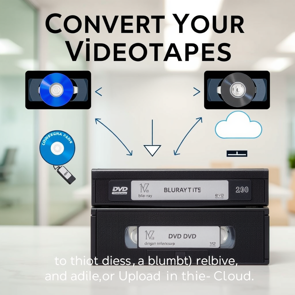 "[A modern, clean] stock photo graphic of a [stack of VHS tapes], [with arrows pointing to various conversion options], [featuring icons of a Blu-ray disc, DVD disc, thumb drive, and a cloud upload symbol], [set against a neutral, professional background], [with clear, high-resolution images of each conversion option], [using a bold, sans-serif font for the text], [including the text 'Convert Your Videotapes to Blu-ray, DVD, Digital Files on a Thumb Drive, or Upload to the Cloud'], [with a sleek, informative design that highlights the versatility of the service], [zenithal angle], [by a professional graphic designer], [modern office setting], [bright and well-lit], [ultra-wide angle]."